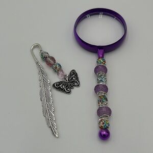 Elegant Beaded purple, rhinestone and Silver Bookmark & Magnifying Glass Set